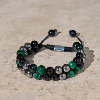 Foviel Natural Green Tiger Eye Black Magnetite Black Obsidian Double Row Beads Positive Bracelet
