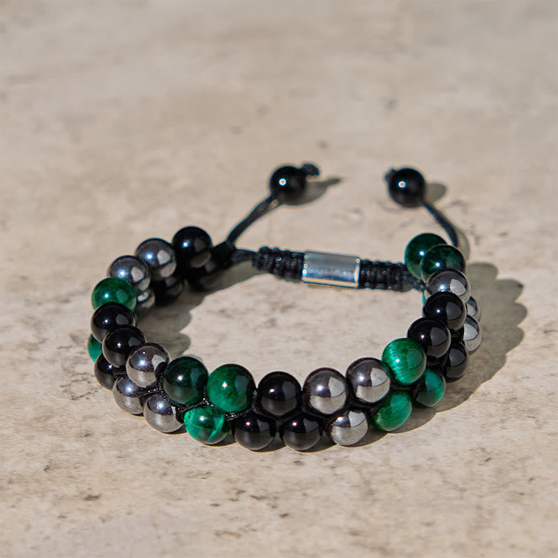 Foviel Natural Green Tiger Eye Black Magnetite Black Obsidian Double Row Beads Positive Bracelet