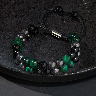 Foviel Natural Green Tiger Eye Black Magnetite Black Obsidian Double Row Beads Positive Bracelet