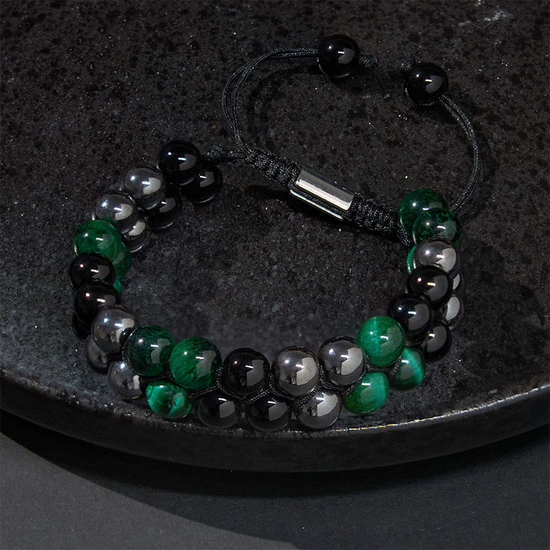 Foviel Natural Green Tiger Eye Black Magnetite Black Obsidian Double Row Beads Positive Bracelet
