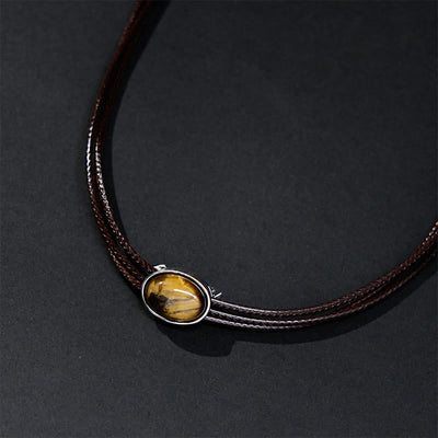 Pendentif collier Foviel en forme d'ellipse en œil-de-tigre naturel avec cordon ciré de protection