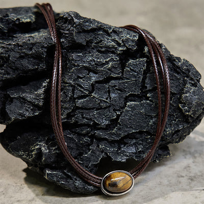 Pendentif collier Foviel en forme d'ellipse en œil-de-tigre naturel avec cordon ciré de protection