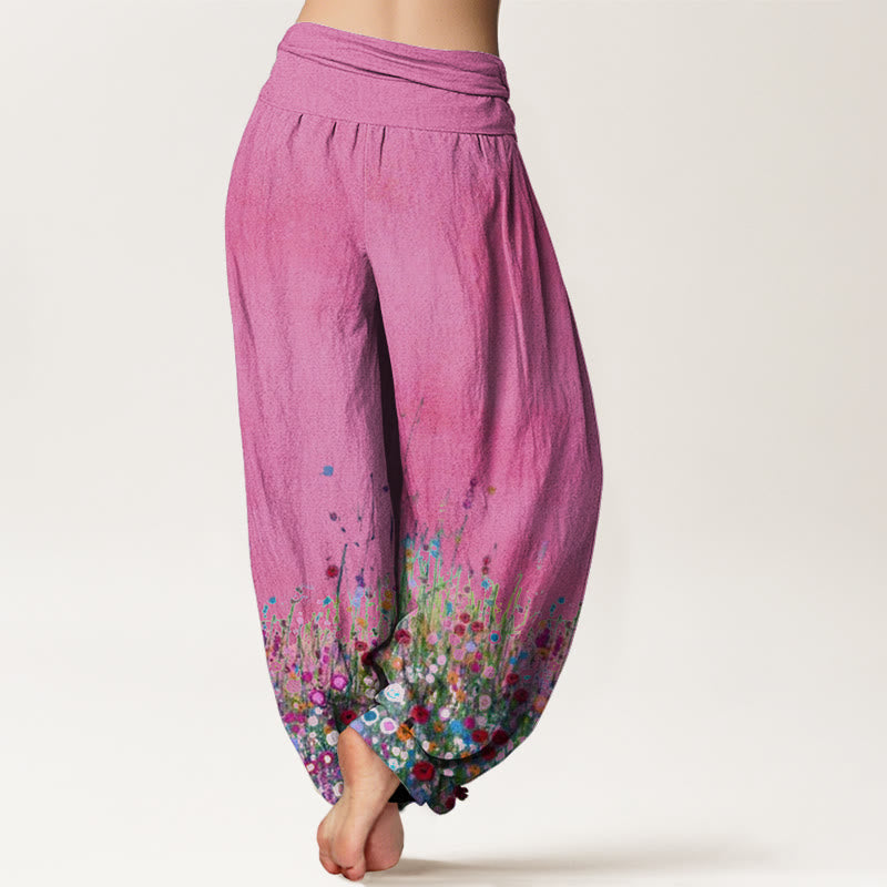 Buddha Stones Casual Colorful Wildflower Field Pattern Women's Elastic Waist Harem Pants - image 9