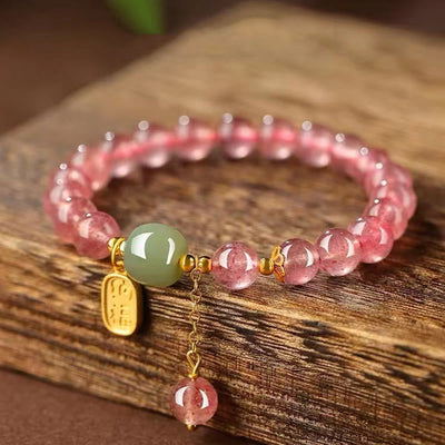 Bracelet de guérison positive en quartz fraise naturel Foviel avec caractère Fu en jade
