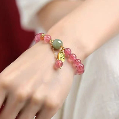 Bracelet de guérison positive en quartz fraise naturel Foviel avec caractère Fu en jade