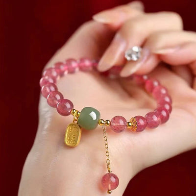 Bracelet de guérison positive en quartz fraise naturel Foviel avec caractère Fu en jade