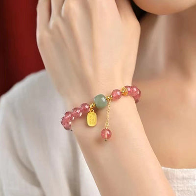 Bracelet de guérison positive en quartz fraise naturel Foviel avec caractère Fu en jade