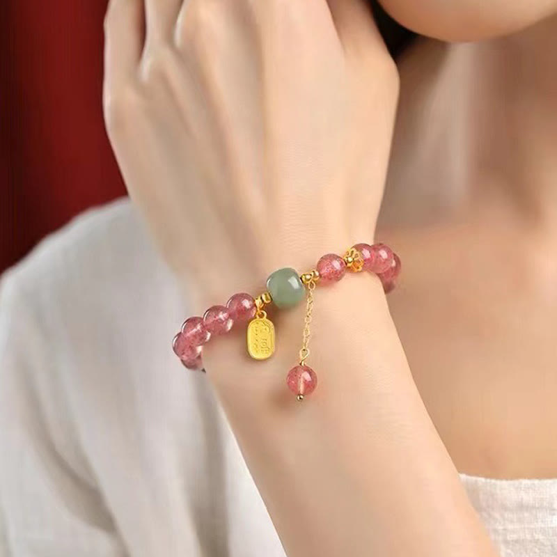 Bracelet de guérison positive en quartz fraise naturel Foviel avec caractère Fu en jade