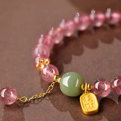 Bracelet de guérison positive en quartz fraise naturel Foviel avec caractère Fu en jade