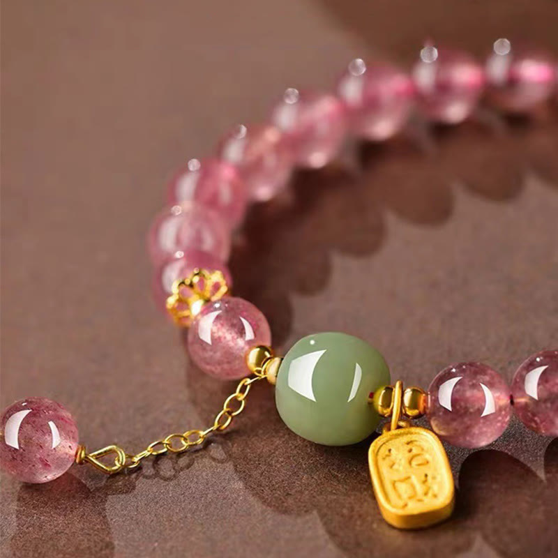Bracelet de guérison positive en quartz fraise naturel Foviel avec caractère Fu en jade