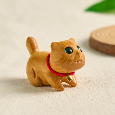 Foviel Mini Sandalwood Carved Lucky Confident Cat Healing Decoration