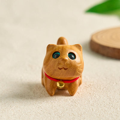 Foviel Mini Sandalwood Carved Lucky Confident Cat Healing Decoration