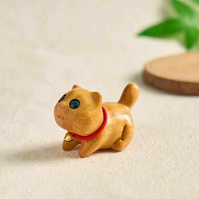 Foviel Mini Sandalwood Carved Lucky Confident Cat Healing Decoration