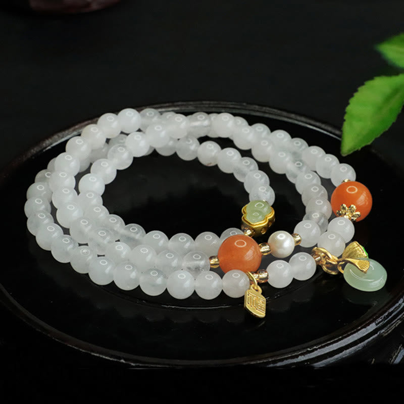 Bracelet porte-bonheur Foviel en jade blanc naturel à plusieurs rangs avec boucle de paix en forme de gourde et caractère Fu
