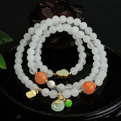 Bracelet porte-bonheur Foviel en jade blanc naturel à plusieurs rangs avec boucle de paix en forme de gourde et caractère Fu