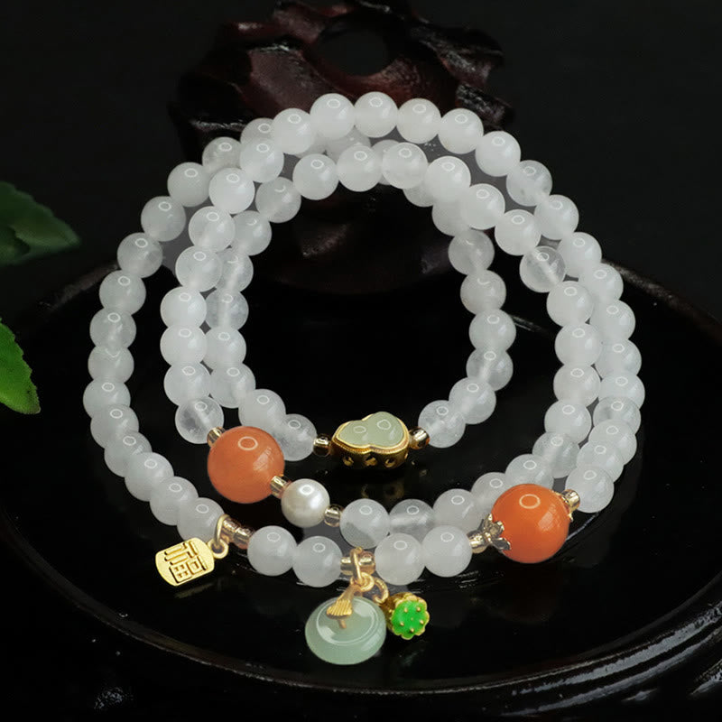 Bracelet porte-bonheur Foviel en jade blanc naturel à plusieurs rangs avec boucle de paix en forme de gourde et caractère Fu