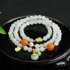 Bracelet porte-bonheur Foviel en jade blanc naturel à plusieurs rangs avec boucle de paix en forme de gourde et caractère Fu