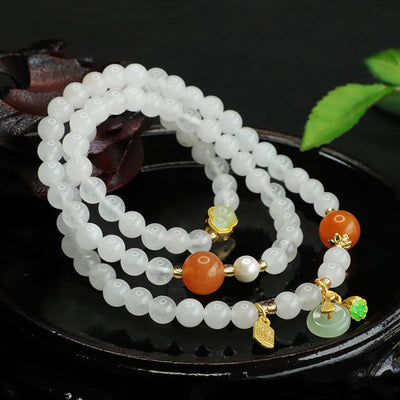 Bracelet porte-bonheur Foviel en jade blanc naturel à plusieurs rangs avec boucle de paix en forme de gourde et caractère Fu