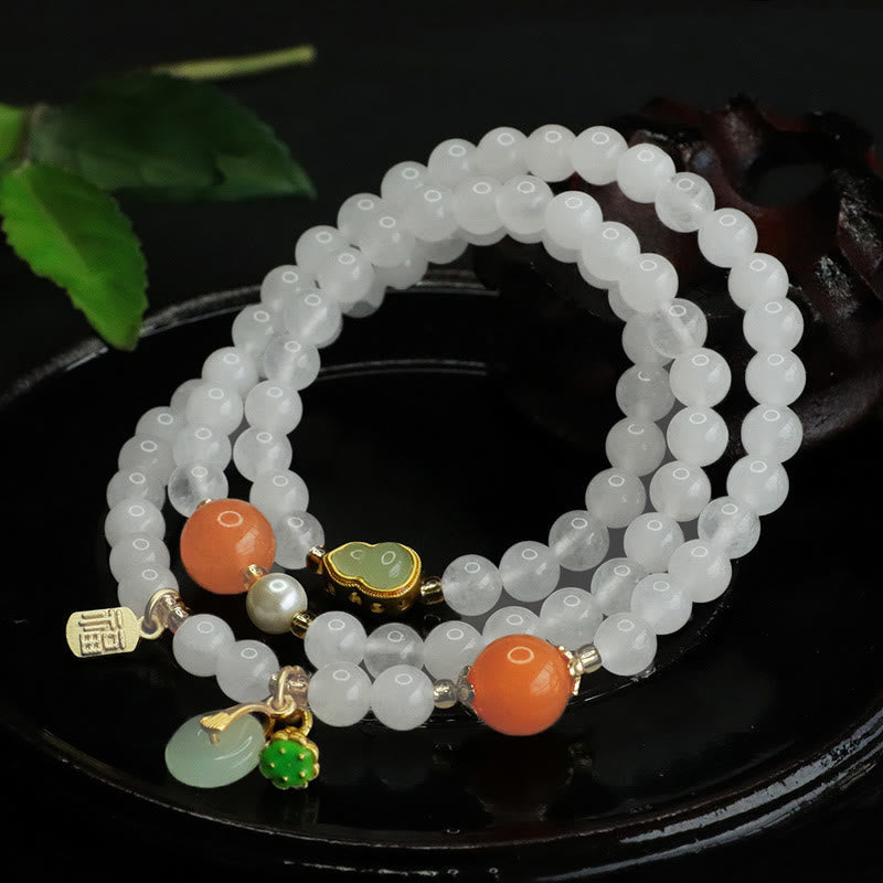 Bracelet porte-bonheur Foviel en jade blanc naturel à plusieurs rangs avec boucle de paix en forme de gourde et caractère Fu