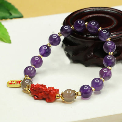 Foviel Natural Amethyst Cinnabar Pi Xiu Fu Character Balance Bracelet