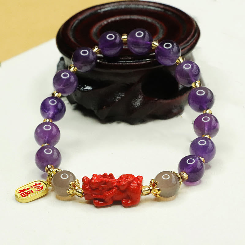 Foviel Natural Amethyst Cinnabar Pi Xiu Fu Character Balance Bracelet