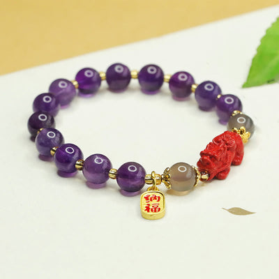 Foviel Natural Amethyst Cinnabar Pi Xiu Fu Character Balance Bracelet