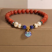 Foviel Natural South Red Agate Pearl Peace Lock Charm Positive Bracelet