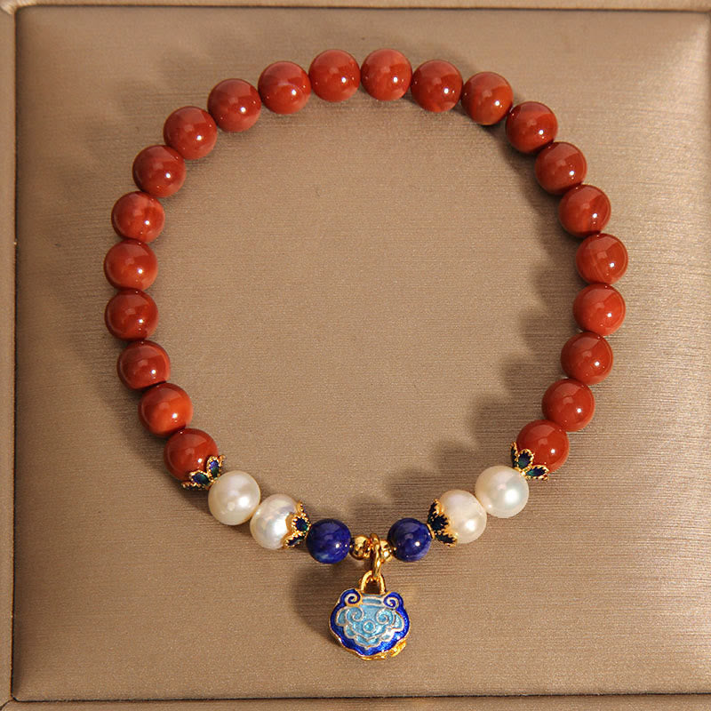 Foviel Natural South Red Agate Pearl Peace Lock Charm Positive Bracelet