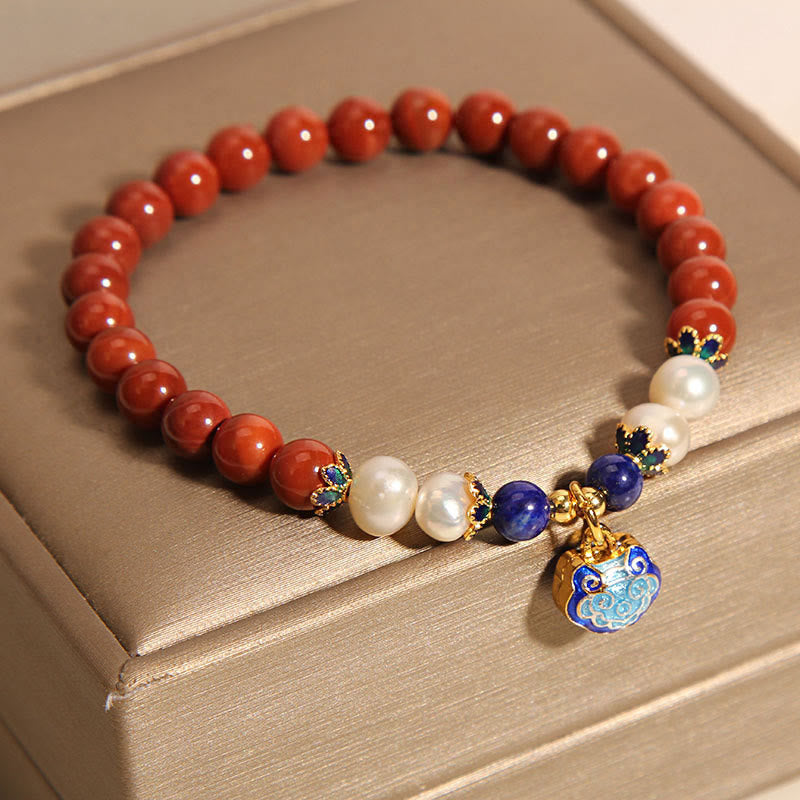 Foviel Natural South Red Agate Pearl Peace Lock Charm Positive Bracelet