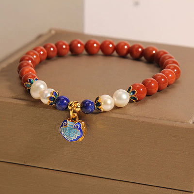 Foviel Natural South Red Agate Pearl Peace Lock Charm Positive Bracelet