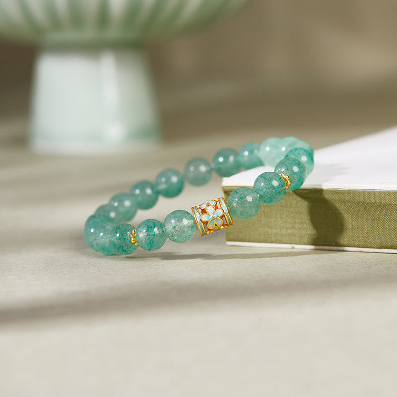 Foviel 925 Sterling Silber Grün Erdbeerquarz Blume Beruhigen Armband