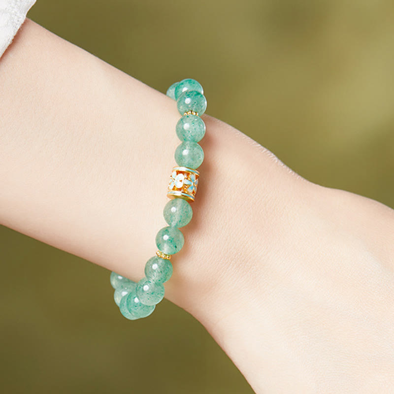 Foviel 925 Sterling Silber Grün Erdbeerquarz Blume Beruhigen Armband