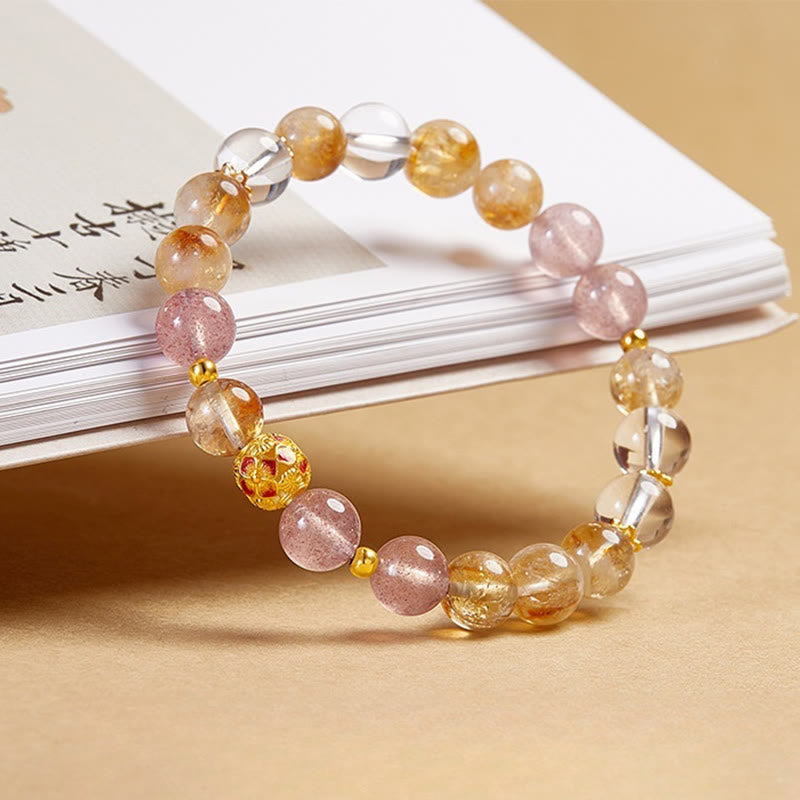 Foviel 999 Sterling Silber Citrin Erdbeerquarz weißer Kristall Schutz Armband