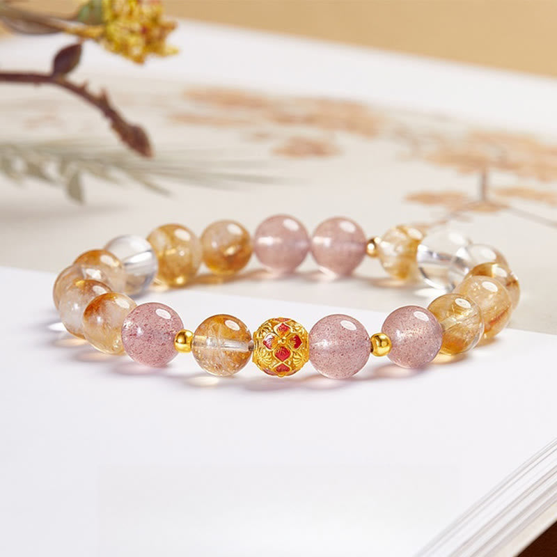 Foviel 999 Sterling Silber Citrin Erdbeerquarz weißer Kristall Schutz Armband