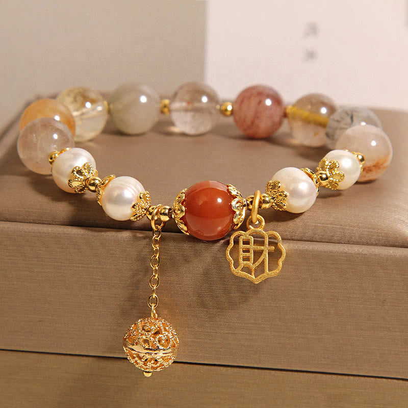 Foviel Natural Rutilated Quartz Pearl Attract Fortune Wealth Bracelet