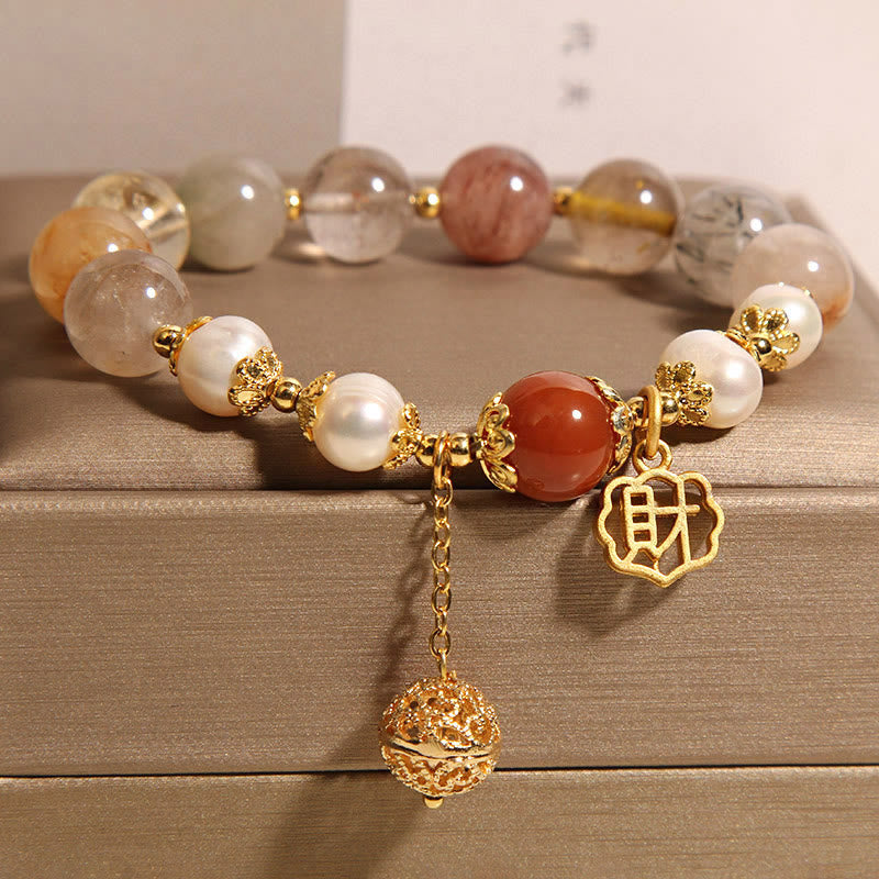 Foviel Natural Rutilated Quartz Pearl Attract Fortune Wealth Bracelet