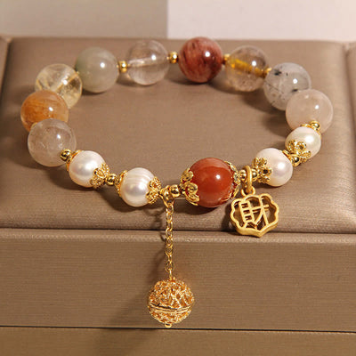 Foviel Natural Rutilated Quartz Pearl Attract Fortune Wealth Bracelet