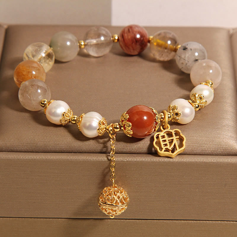Foviel Natural Rutilated Quartz Pearl Attract Fortune Wealth Bracelet