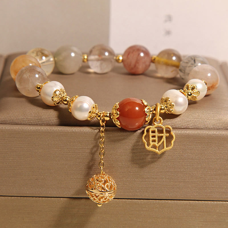 Foviel Natural Rutilated Quartz Pearl Attract Fortune Wealth Bracelet