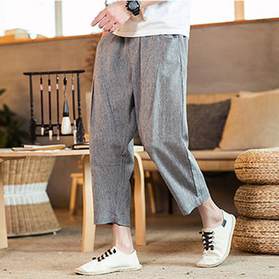 Foviel Casual einfarbig Color Zugband Herren elastisches Taillenband Baumwolle Leinenhosen mit Taschen