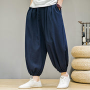 Foviel Summer Plain Drawstring Men's Ankle-Length Cotton Harem Pants With Pockets