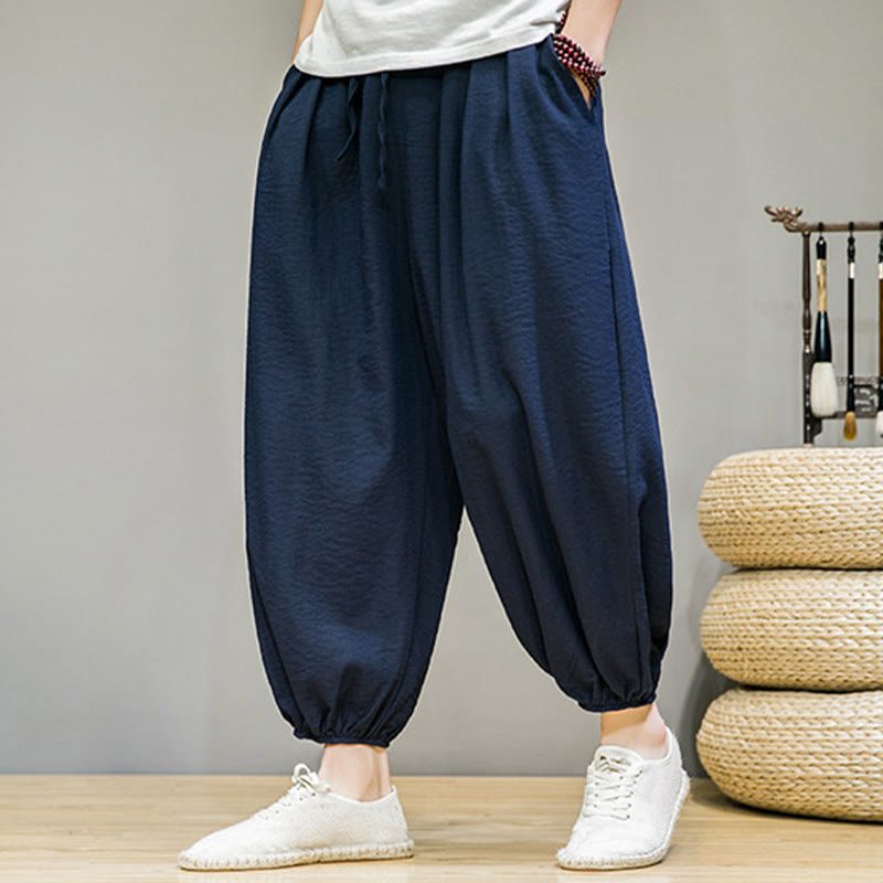 Pantalon harem court à cordon de serrage en coton pour homme Foviel Summer Plain avec poches