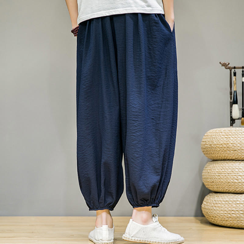 Pantalon harem court à cordon de serrage en coton pour homme Foviel Summer Plain avec poches