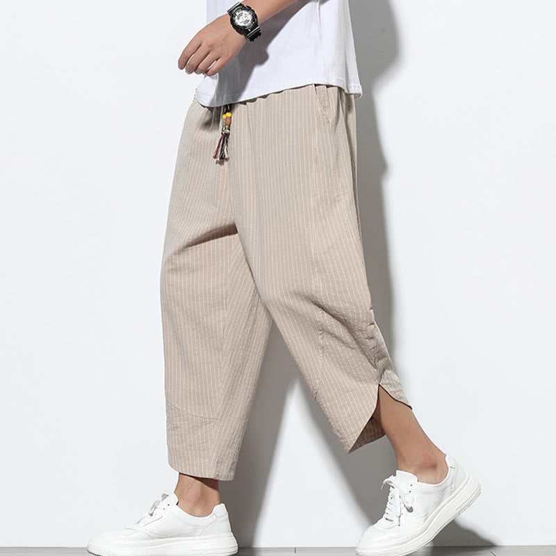 Pantalon harem Foviel à rayures estivales pour homme en mélange coton-lin, coupe 7/8 avec cordon de serrage et poches