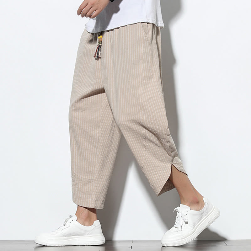 Pantalon harem Foviel à rayures estivales pour homme en mélange coton-lin, coupe 7/8 avec cordon de serrage et poches