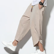 Foviel Summer Stripes Pattern Drawstring Cotton Linen Men's 7-8 Length Harem Pants With Pockets