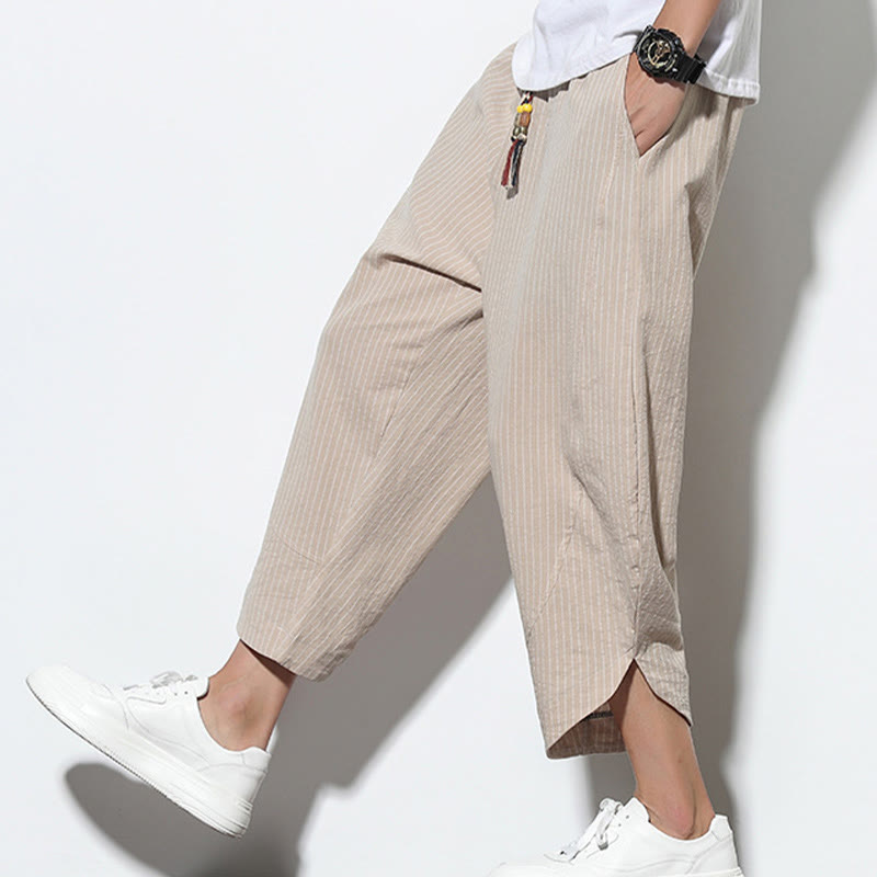 Pantalon harem Foviel à rayures estivales pour homme en mélange coton-lin, coupe 7/8 avec cordon de serrage et poches