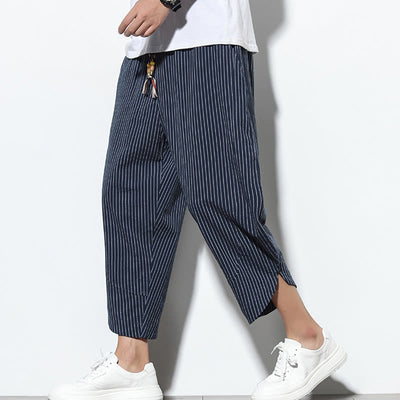 Foviel Sommer Streifen Muster Zugzug Baumwolle Leinen Herren 7-8 Länge Harem Hose mit Taschen