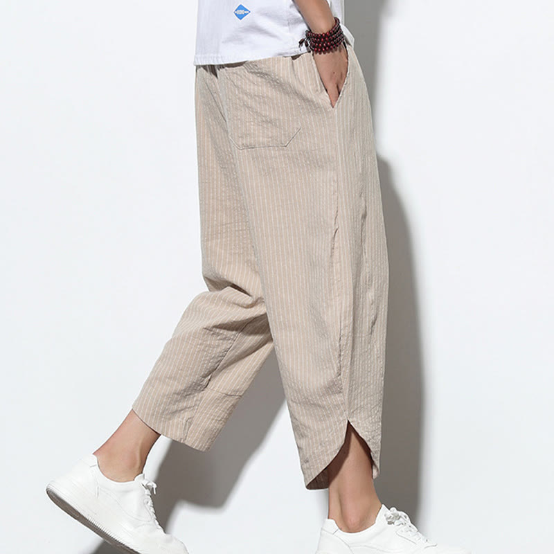 Pantalon harem Foviel à rayures estivales pour homme en mélange coton-lin, coupe 7/8 avec cordon de serrage et poches