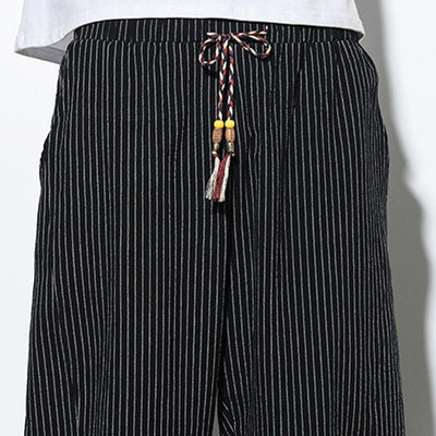 Foviel Sommer Streifen Muster Zugzug Baumwolle Leinen Herren 7-8 Länge Harem Hose mit Taschen